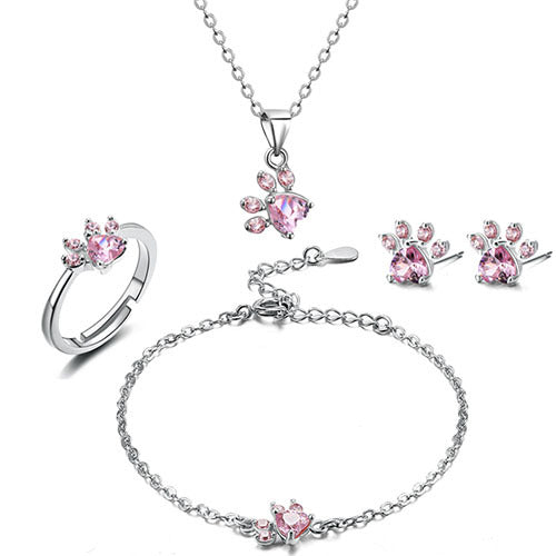 Elegantes TALINA 4-teiliges Roségold Schmuckset mit Pfote & Zirkonia-Herz - Perfektes Geschenk für Tierliebhaber