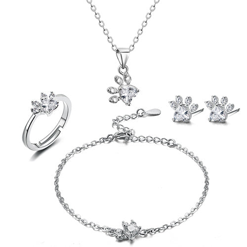 Elegantes TALINA 4-teiliges Roségold Schmuckset mit Pfote & Zirkonia-Herz - Perfektes Geschenk für Tierliebhaber