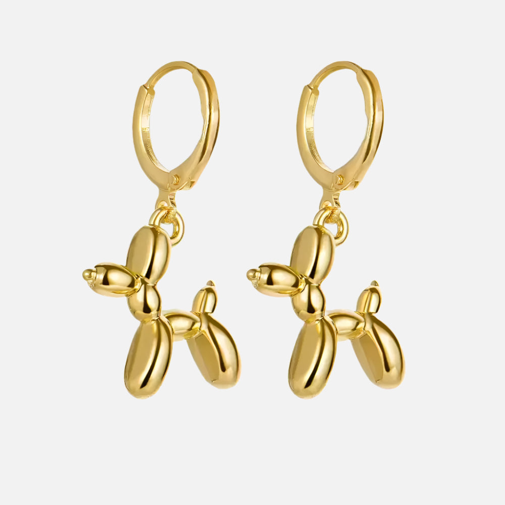 Elegant MINI Goldene Huggie-Creolen mit Verspieltem Ballonhund-Anhänger