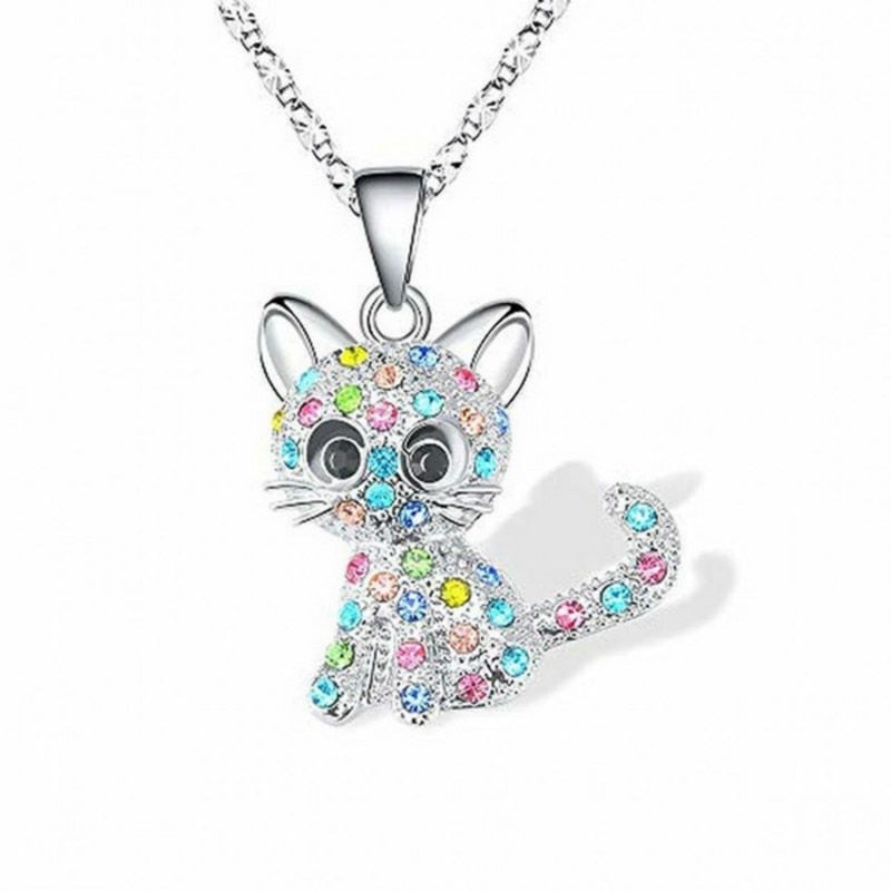 Elegante silberne Halskette mit niedlichem Babykätzchen und bunten Zirkonia - Feline
