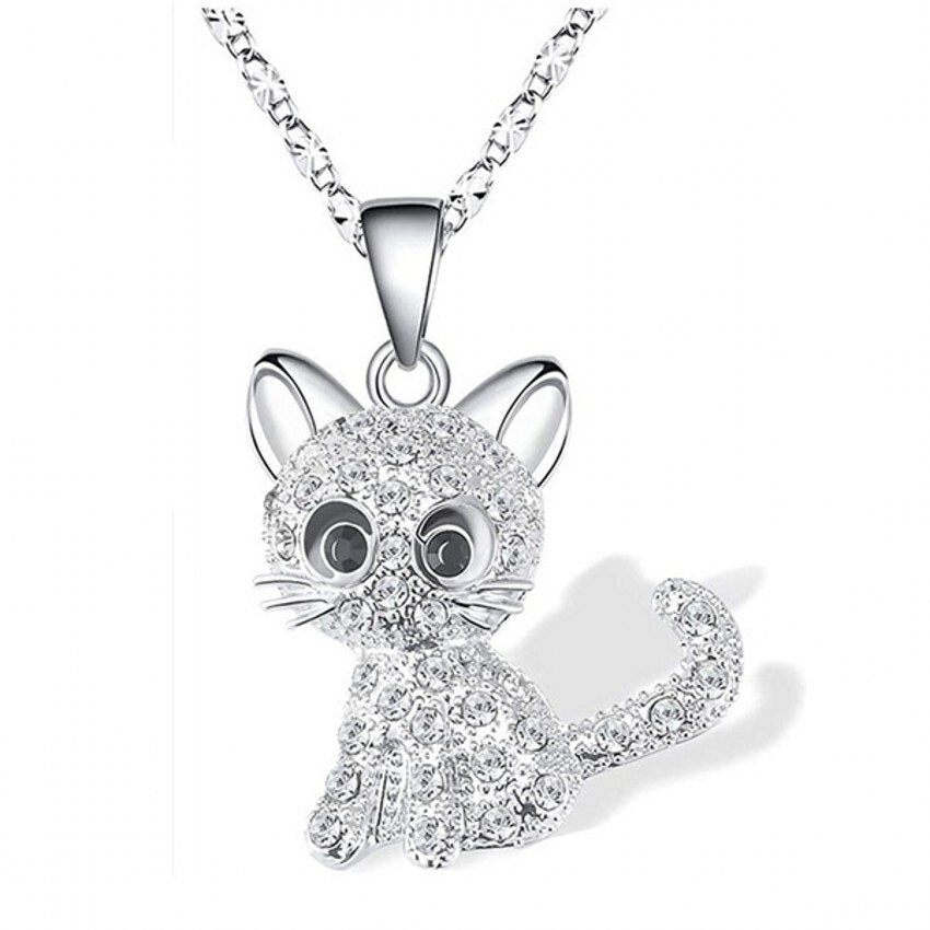 Elegante silberne Halskette mit niedlichem Babykätzchen und bunten Zirkonia - Feline