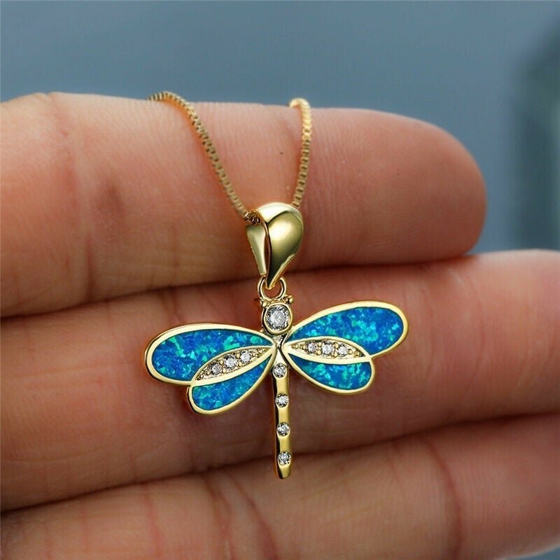 Opal und Zirkonia Libelle Anhänger Halskette