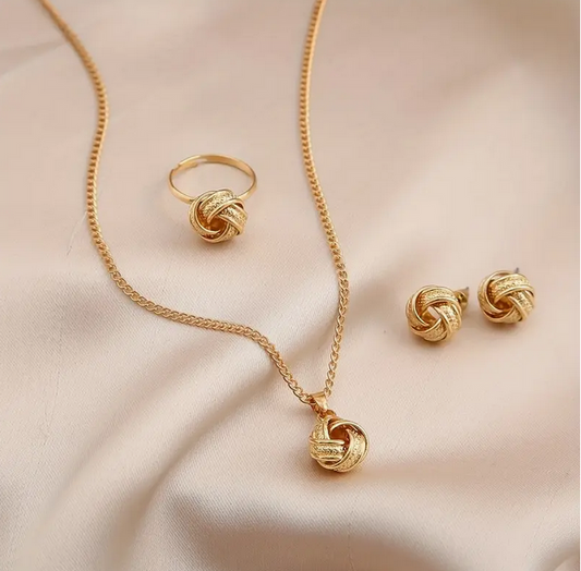 Vintage Boho Knoten Schmuckset – Ring, Ohrringe, Halskette