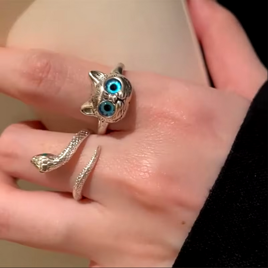 Hypoallergenes Edelstahl-Ring-Set für Halloween: Katzen- und Schlangen Designs mit edlem 925er Sterlingsilber und leuchtend blauer Emaille