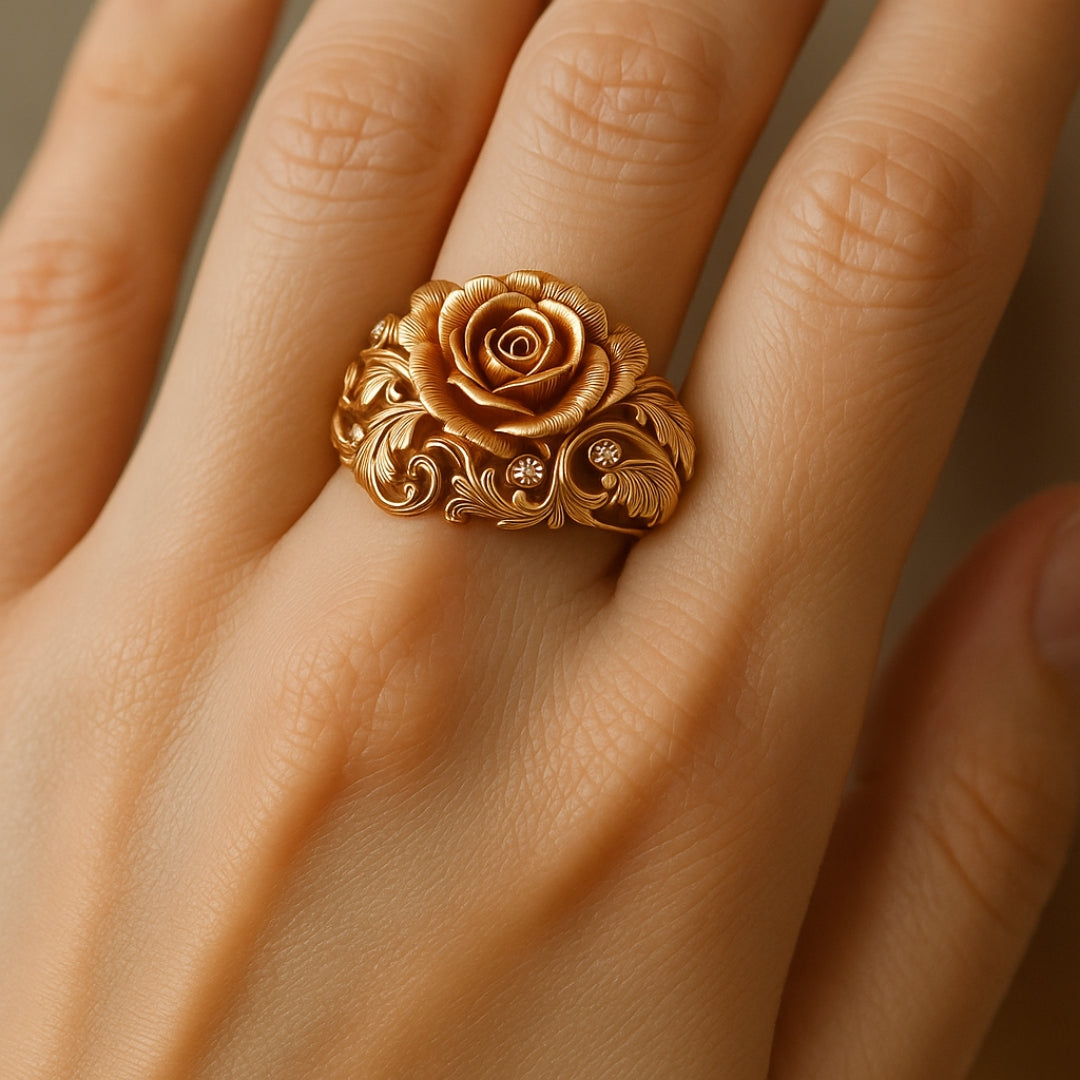 Goldene Farbe Gravierte Rose Ring