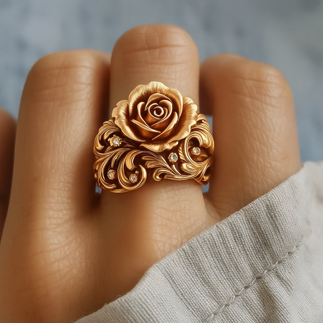 Goldene Farbe Gravierte Rose Ring
