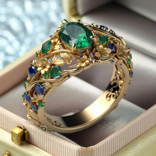 Grüner & blauer Kristall-Goldring