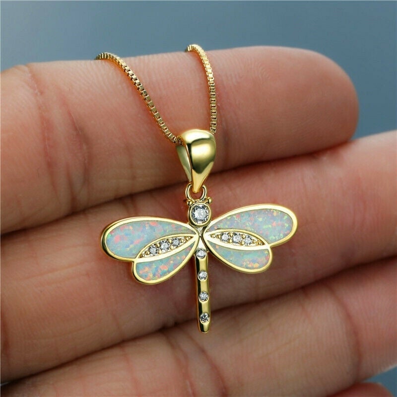 Opal und Zirkonia Libelle Anhänger Halskette