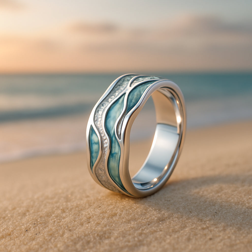 Türkisfarbener Ring mit versilberten Wellen
